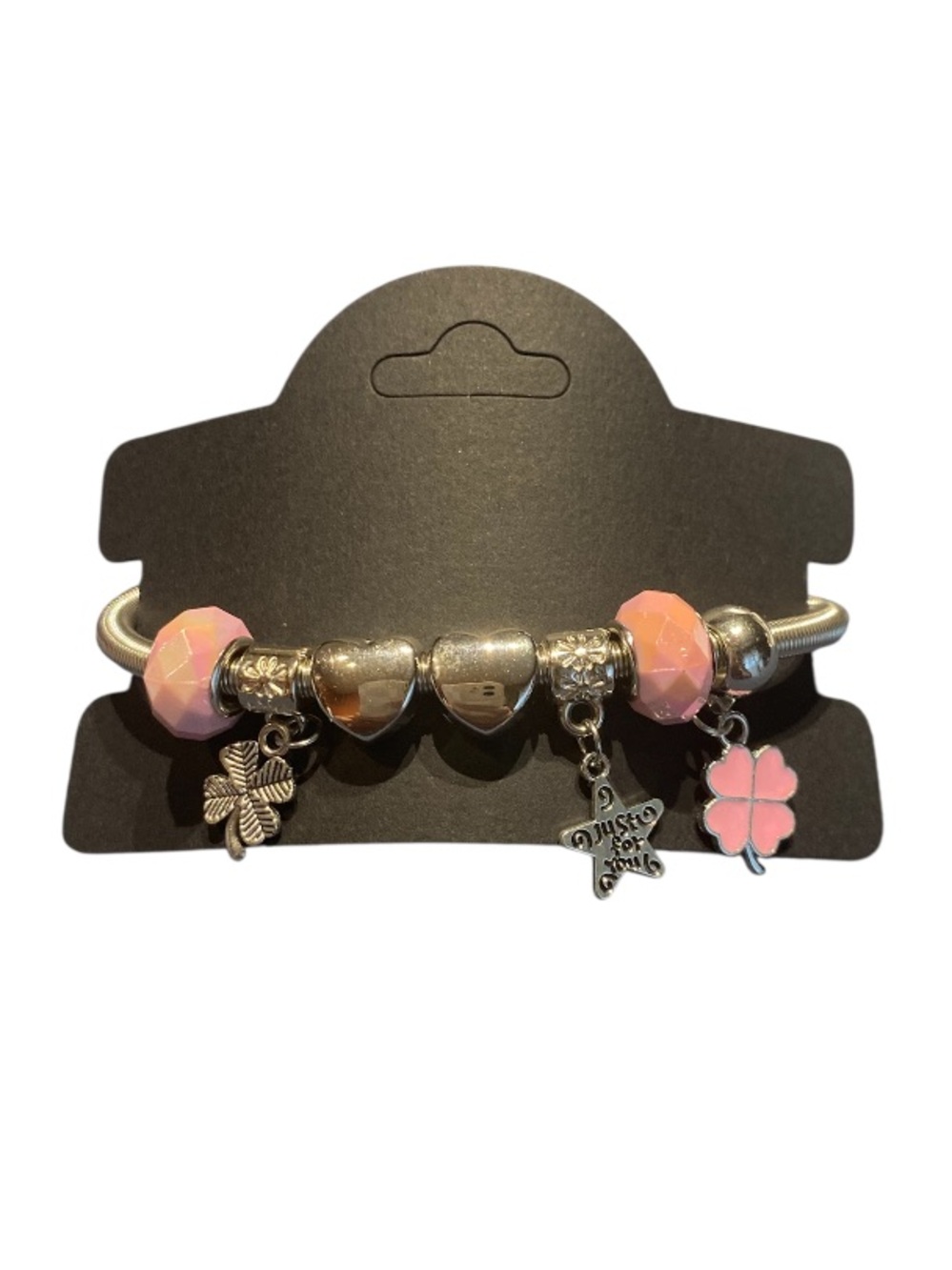 Silver Charm Bracelet with Pink Beads and Flower Charms